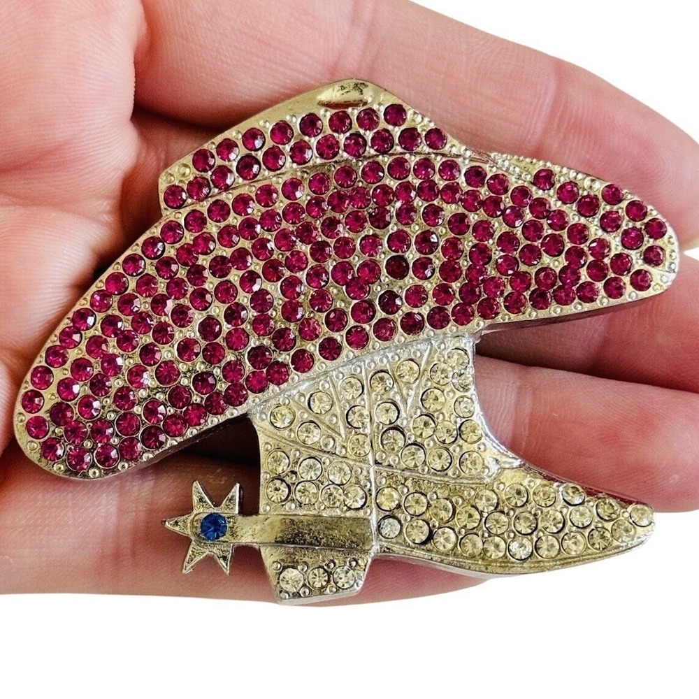 Jay Feinberg VTG Pin‎ Brooch Signed Pink  Rhinestone Cowboy Boot Retro Western